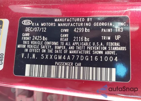 2013 Kia Optima Lx z USA, uszkodzony, nr VIN 5XXGM4A77DG161004